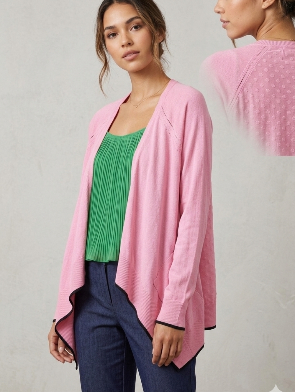 ELLE PINK DRAPED OPEN FRONT CARDIGAN XS LIGHTWEIGHT DOT TEXTURE CASCADE